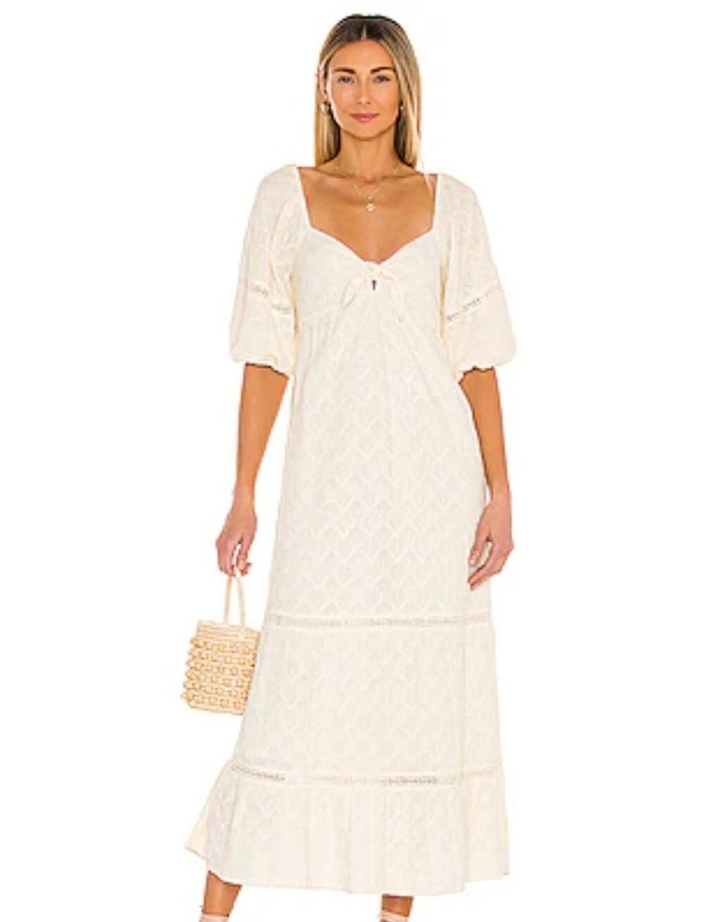 Show Me Your Mumu Zen Midi Dress Midsummer Ivory Boho Jacquard Smocked M